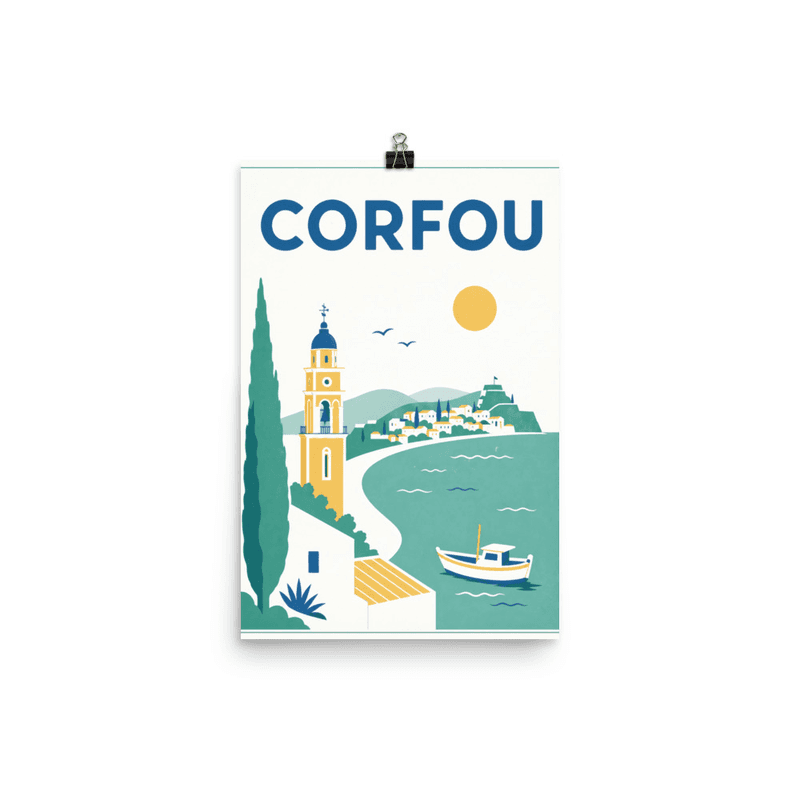 Affiche vintage Corfou – Poster de voyage rétro, Tour Campanile Côte Méditerranée, GRECE