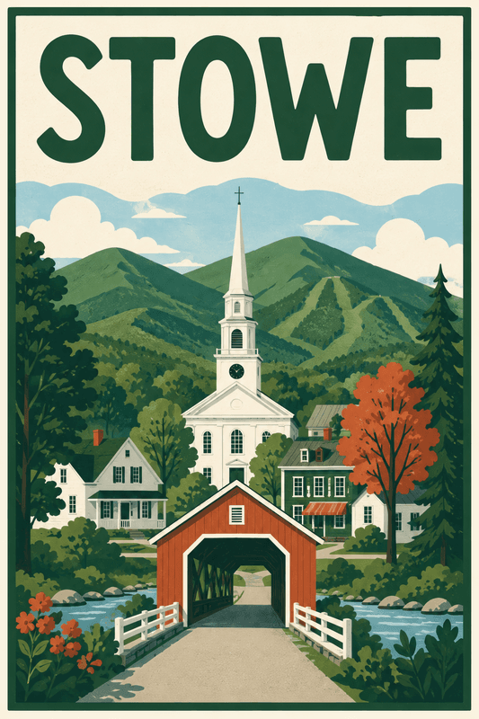 Affiche vintage Stowe – Poster de voyage rétro, Stowe, États-Unis, AMÉRIQUE DU NORD