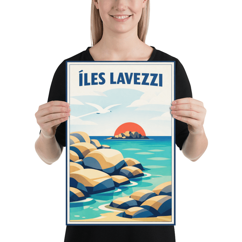 Affiche vintage Îles Lavezzi – Poster de voyage rétro, rochers, mer turquoise, Corse, France
