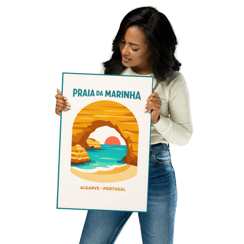 Affiche vintage Praia da Marinha – Poster de voyage rétro, Falaises, Algarve, Portugal