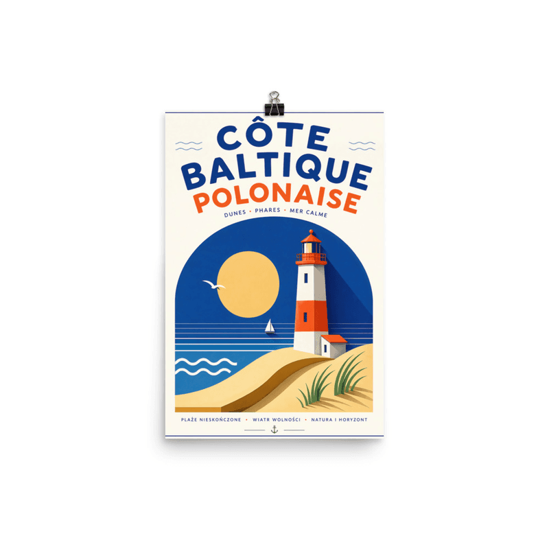 Affiche vintage Côte Baltique Polonaise – Poster de voyage rétro, Phare et Dunes, POLOGNE