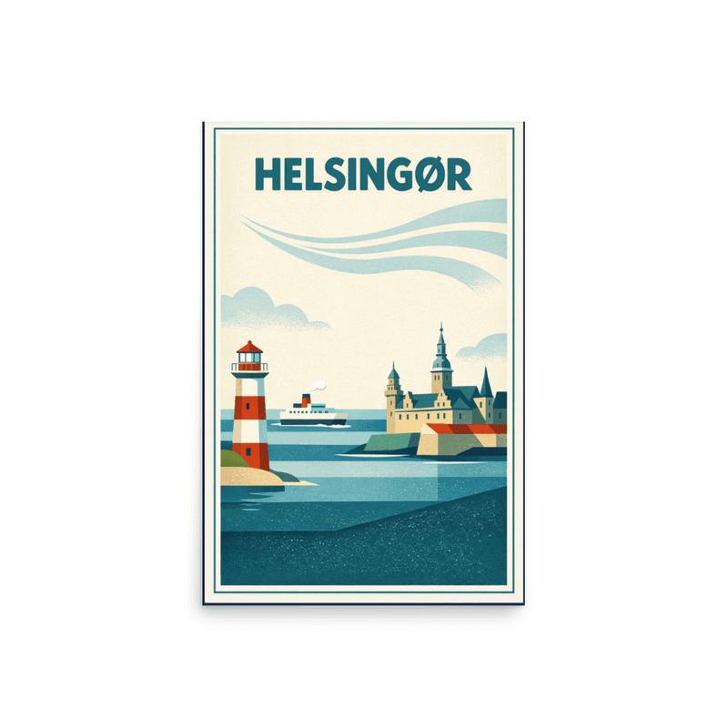 Affiche vintage Helsingør – Poster de voyage rétro, château Kronborg, phare, ferry, DANEMARK