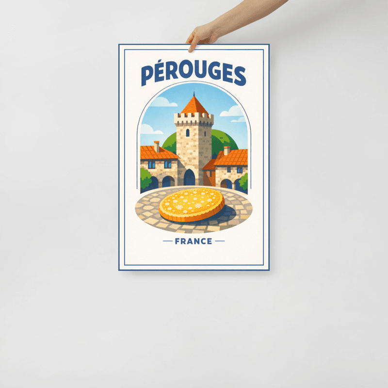 Affiche vintage Pérouges – Poster de voyage rétro, Cité médiévale, Ain, Auvergne-Rhône-Alpes, France