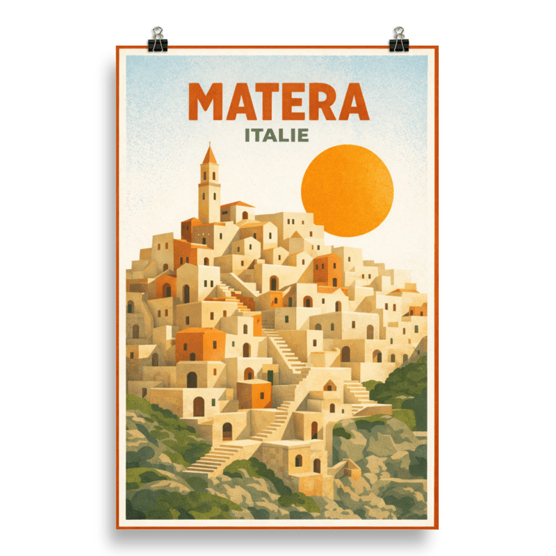 Affiche vintage Matera – Poster de voyage rétro, Sassi, Cité rupestre, Basilicate, Italie
