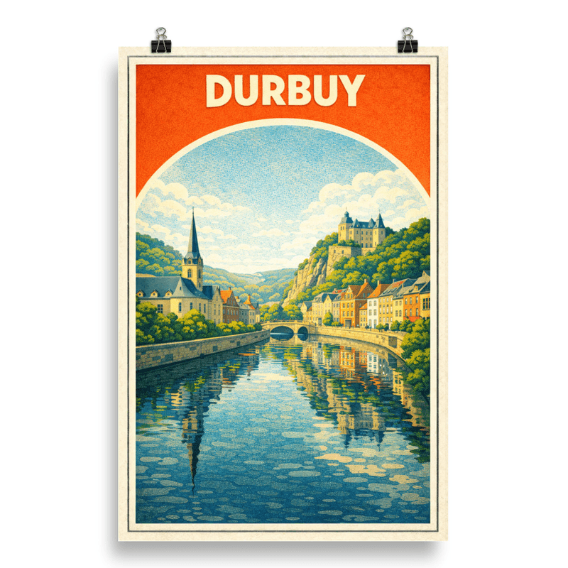 Affiche vintage Durbuy – Poster de voyage rétro, village médiéval et l'Ourthe, Belgique