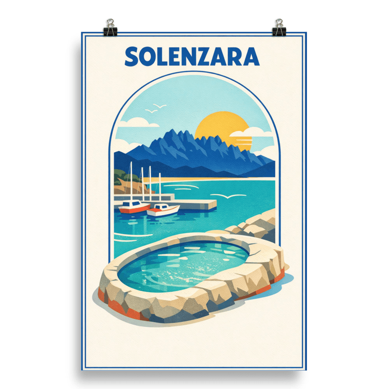 Affiche vintage Solenzara – Poster de voyage rétro, marina, bateaux, montagnes, CORSE