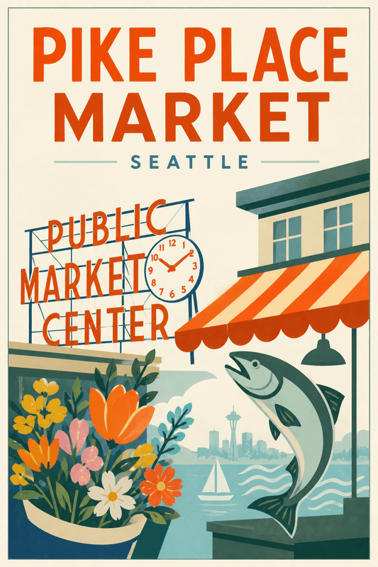 Affiche vintage Pike Place Market – Poster de voyage rétro, Pike Place Market, États-Unis, AMÉRIQUE DU NORD