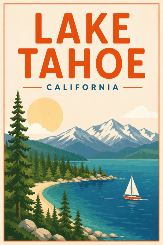 Affiche vintage Lake Tahoe – Poster de voyage rétro, Lake Tahoe, États-Unis, AMÉRIQUE DU NORD