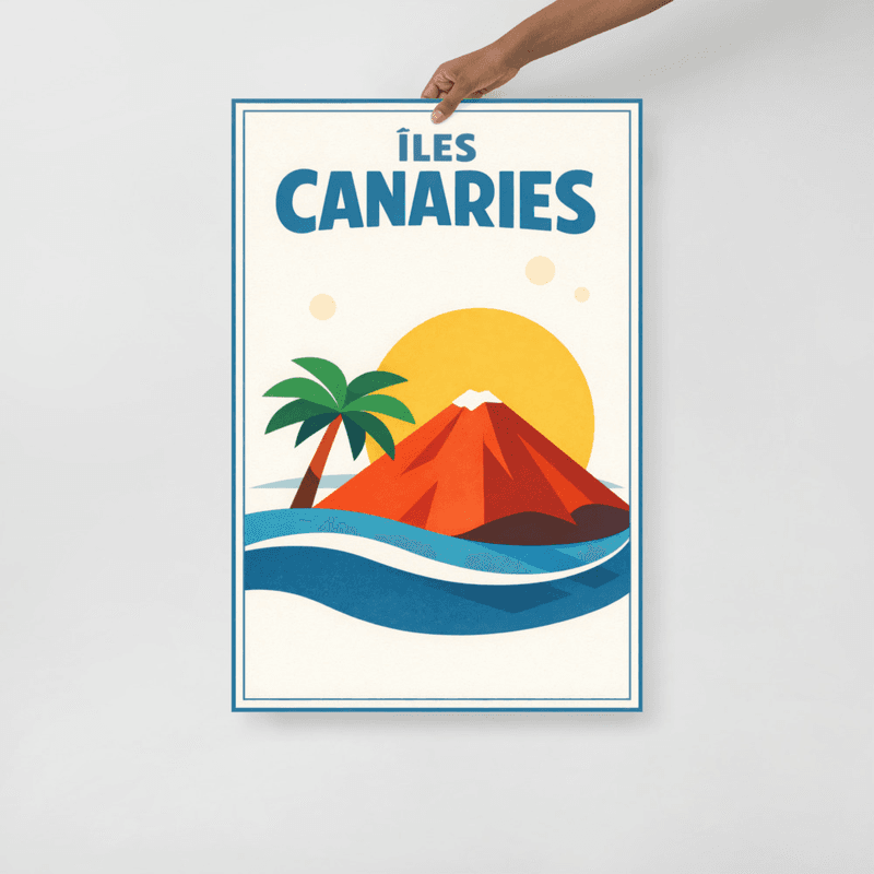 Affiche vintage des Îles Canaries – Poster de voyage rétro, île volcanique