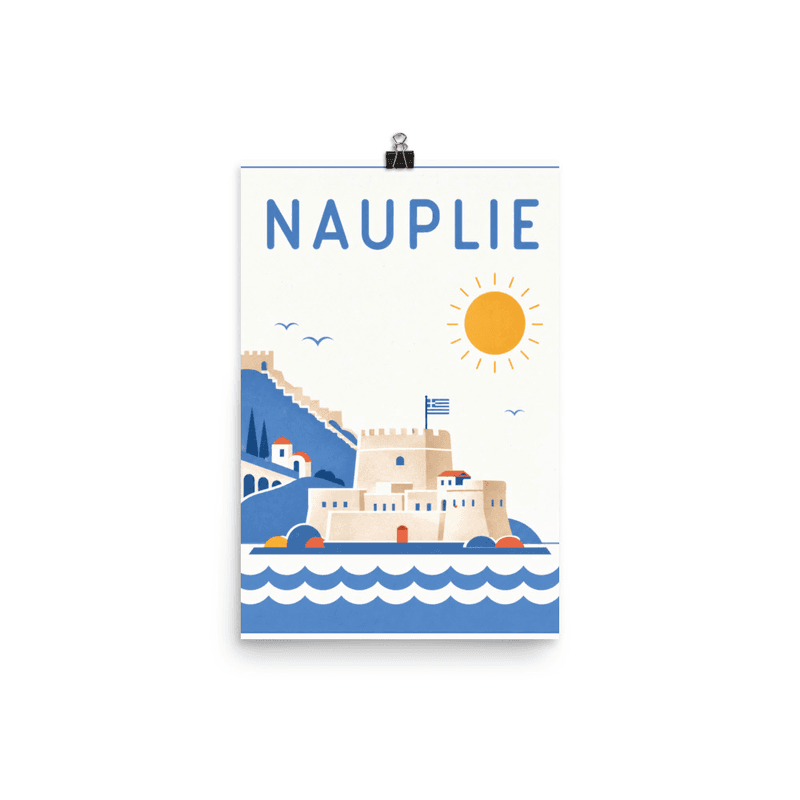 Affiche vintage Nauplie – Poster de voyage rétro, Château Palamidi Soleil Drapeau Grec Peloponnese, GRECE