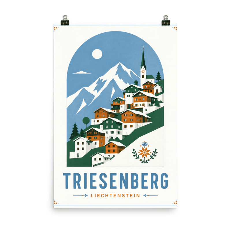 Affiche vintage Triesenberg – Poster de voyage rétro, Village Alpin en Pente et Église, Liechtenstein