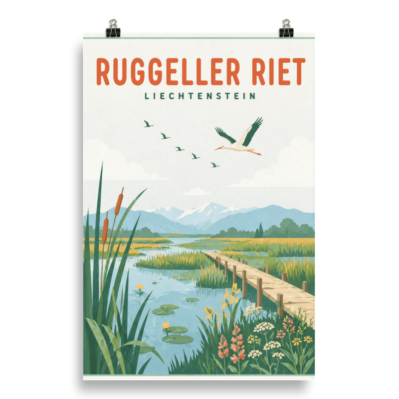 Affiche vintage Ruggeller Riet – Poster de voyage rétro, Zone Humide et Réserve Naturelle, Liechtenstein