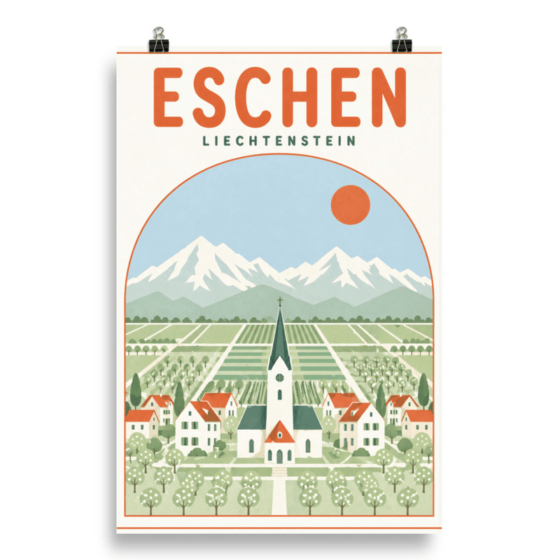 Affiche vintage Eschen – Poster de voyage rétro, Ville et Église au Pied des Montagnes, Liechtenstein