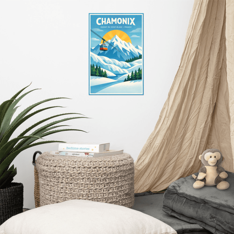Affiche vintage Chamonix – Poster de voyage rétro, aiguille du Midi, alpinisme, neige, Alpes, France