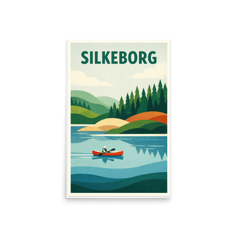 Affiche vintage Silkeborg – Poster de voyage rétro, lac, kayak, forêt, collines, DANEMARK
