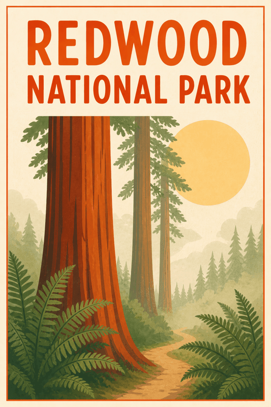 Affiche vintage Redwood National Park – Poster de voyage rétro, Redwood National Park, États-Unis, AMÉRIQUE DU NORD