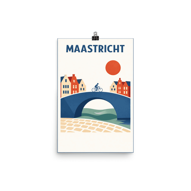 Affiche vintage Maastricht – Poster de voyage rétro, pont, maisons, vélo, PAYS-BAS