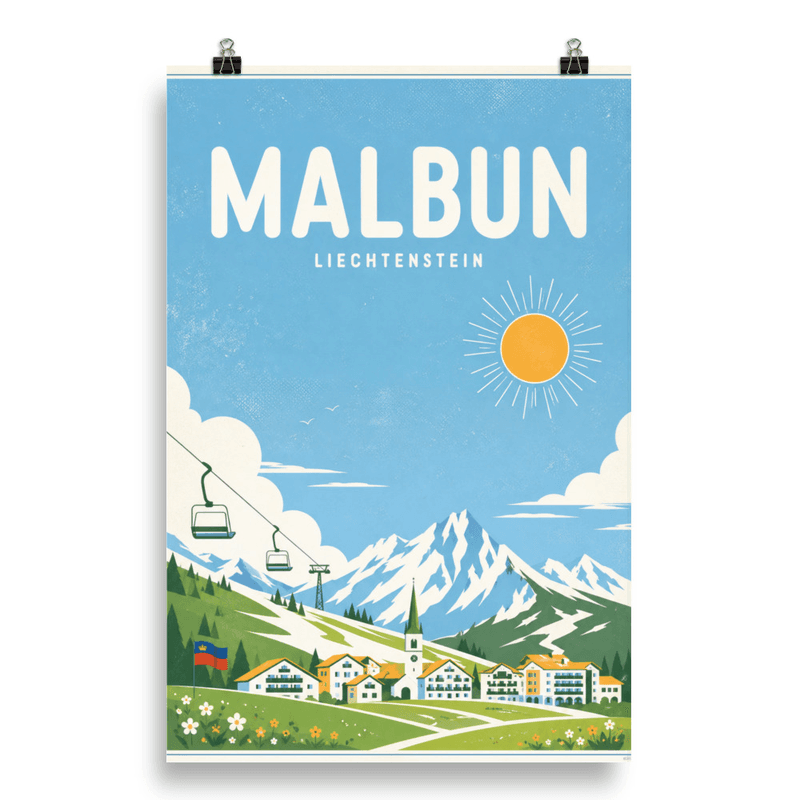 Affiche vintage Malbun – Poster de voyage rétro, Station de Ski et Télésiège, Liechtenstein