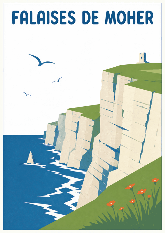 Affiche vintage Falaises de Moher – Poster de voyage rétro, Falaises de Moher, Irlande, EUROPE