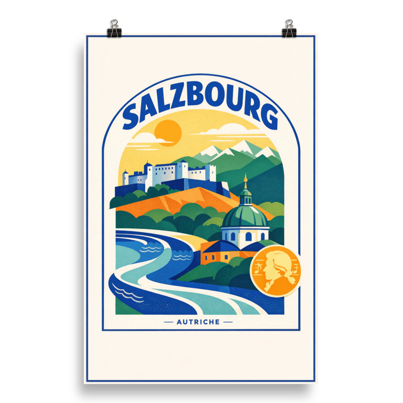 Affiche vintage Salzbourg – Poster de voyage rétro, Forteresse Hohensalzburg et Mozart, AUTRICHE