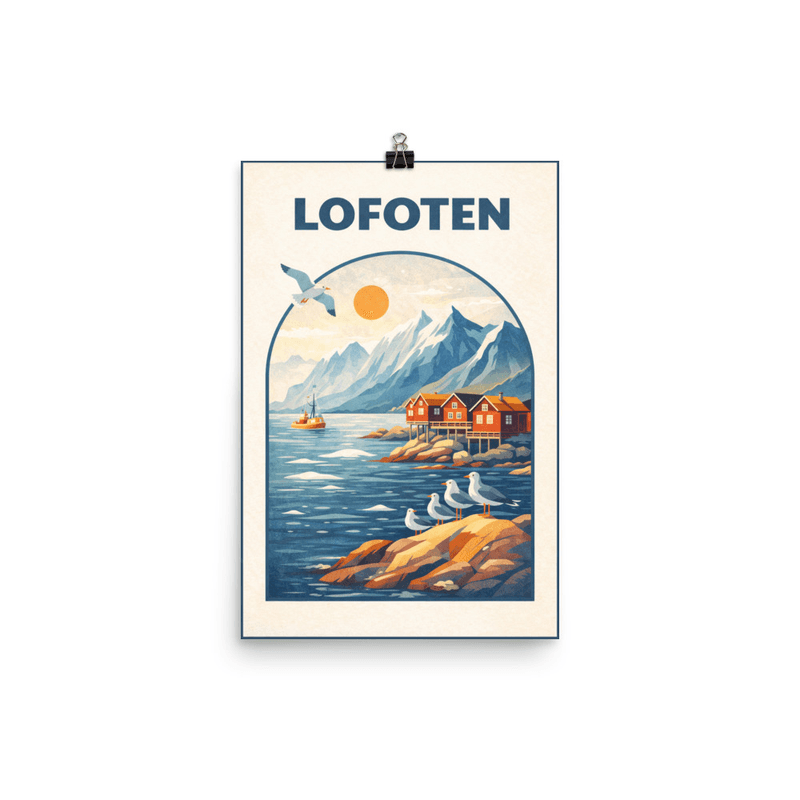 Affiche vintage Lofoten – Poster de voyage rétro, îles, cabanes, NORVEGE