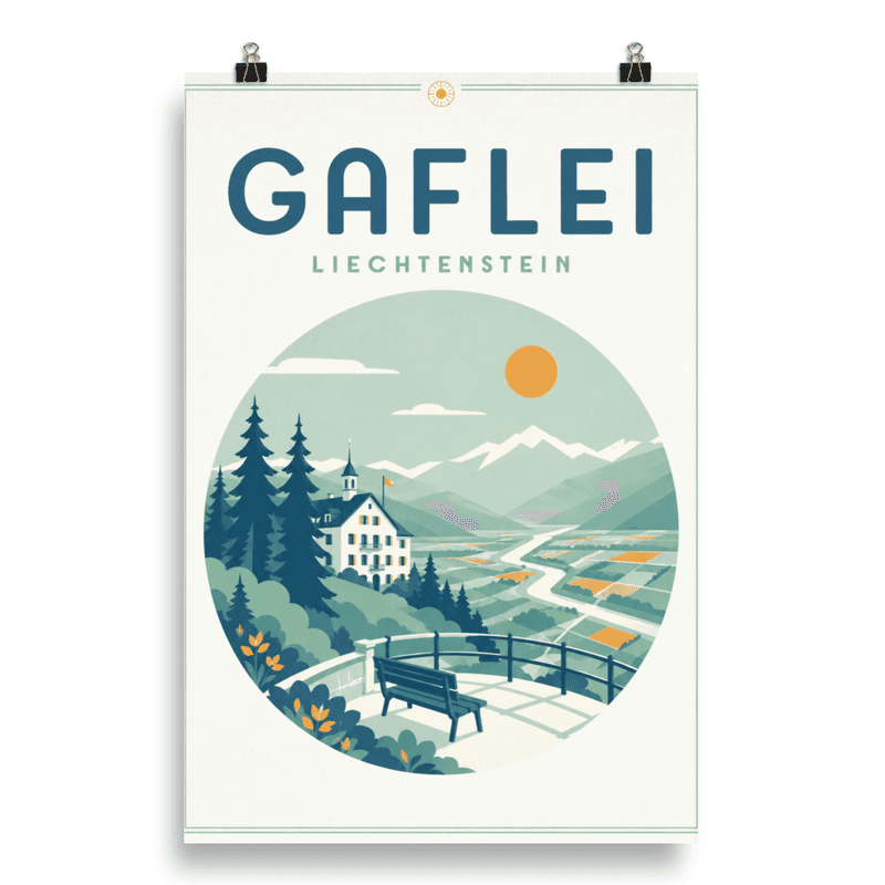 Affiche vintage Gaflei – Poster de voyage rétro, Village de Montagne et Belvédère, Liechtenstein