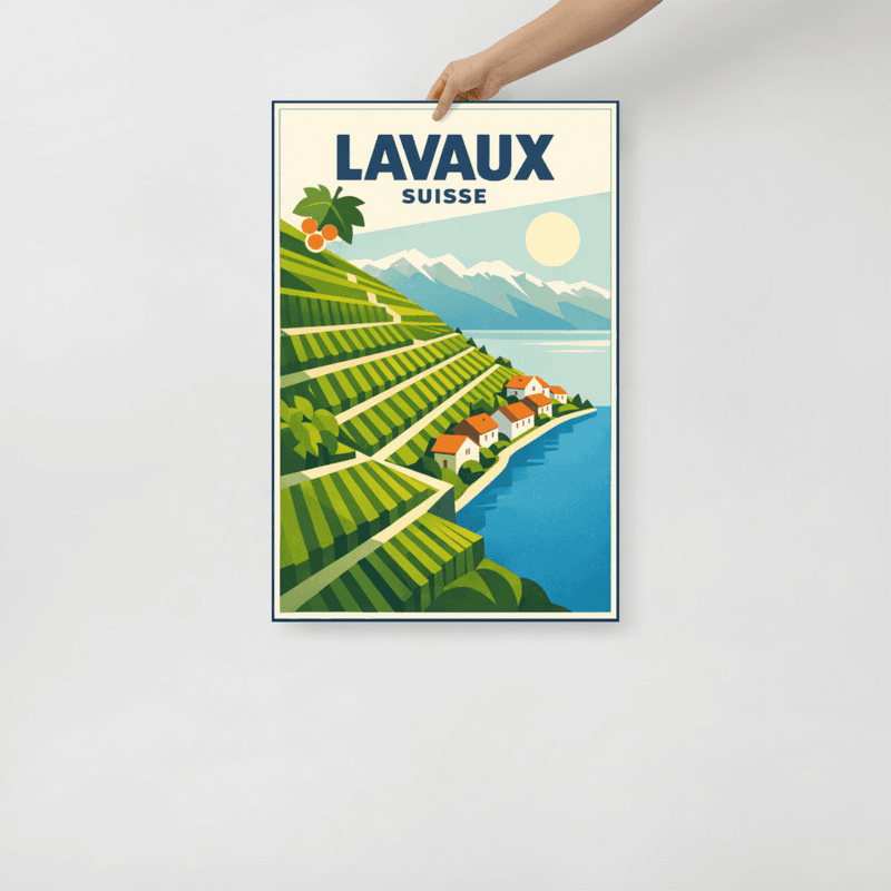 Affiche vintage Lavaux – Poster de voyage rétro, vignobles en terrasses et lac Léman, canton de Vaud, Suisse