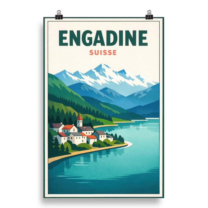 Affiche vintage Engadine – Poster de voyage rétro, vallée de l'Engadine et montagnes, Suisse