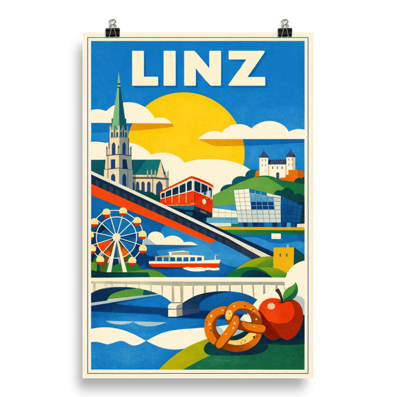 Affiche vintage Linz – Poster de voyage rétro, Pöstlingberg et Danube, AUTRICHE