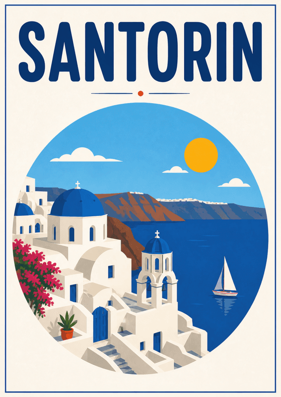 Affiche vintage Santorin – Poster de voyage rétro, Santorin, Grèce, EUROPE