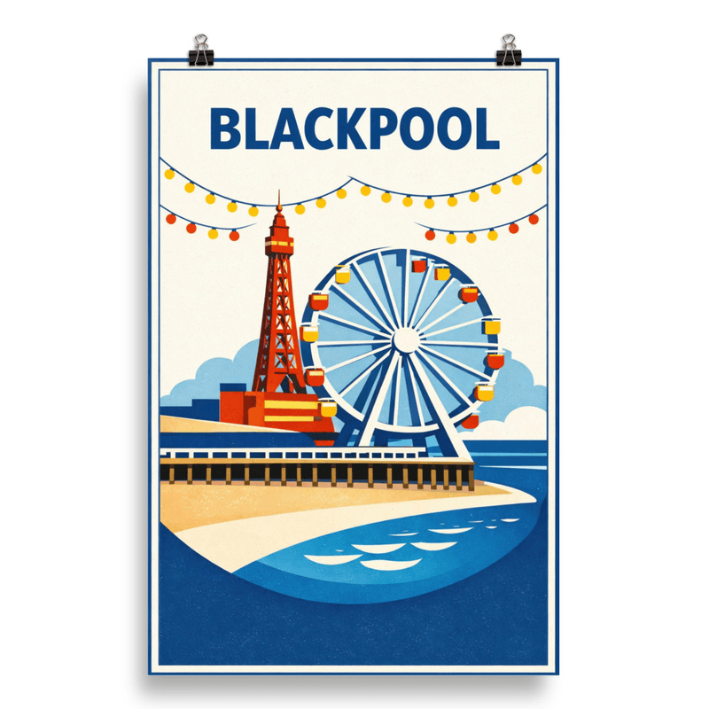 Affiche vintage Blackpool – Poster de voyage rétro, Tour de Blackpool et grande roue, Angleterre
