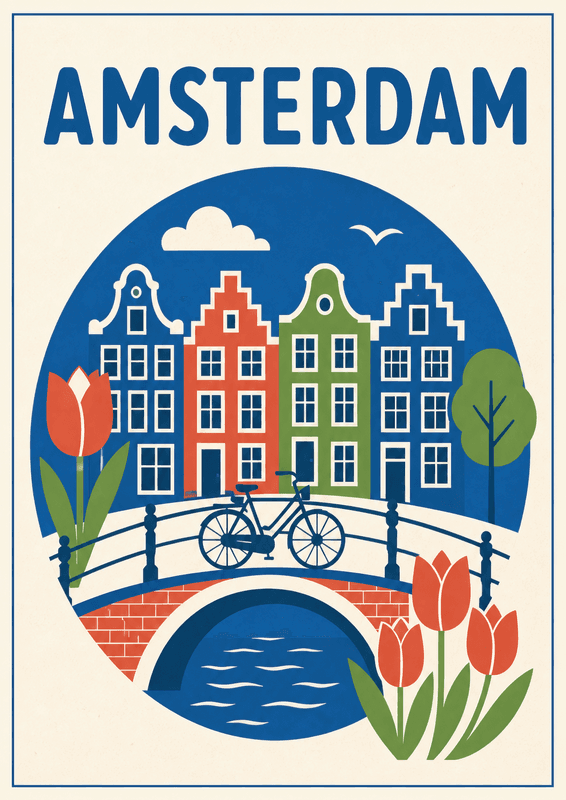 Affiche vintage Amsterdam – Poster de voyage rétro, Amsterdam, Pays-Bas, EUROPE