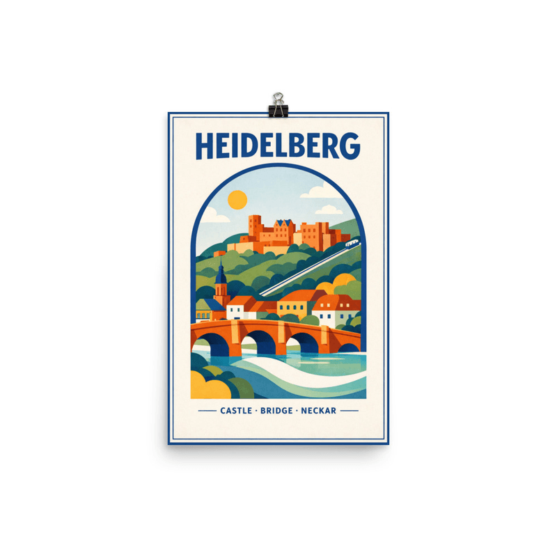 Affiche vintage Heidelberg – Poster de voyage rétro, Château et Pont Karl-Theodor, ALLEMAGNE