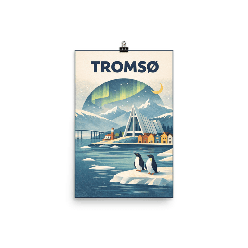Affiche vintage Tromsø II – Poster de voyage rétro, aurores boréales, pingouins, NORVEGE
