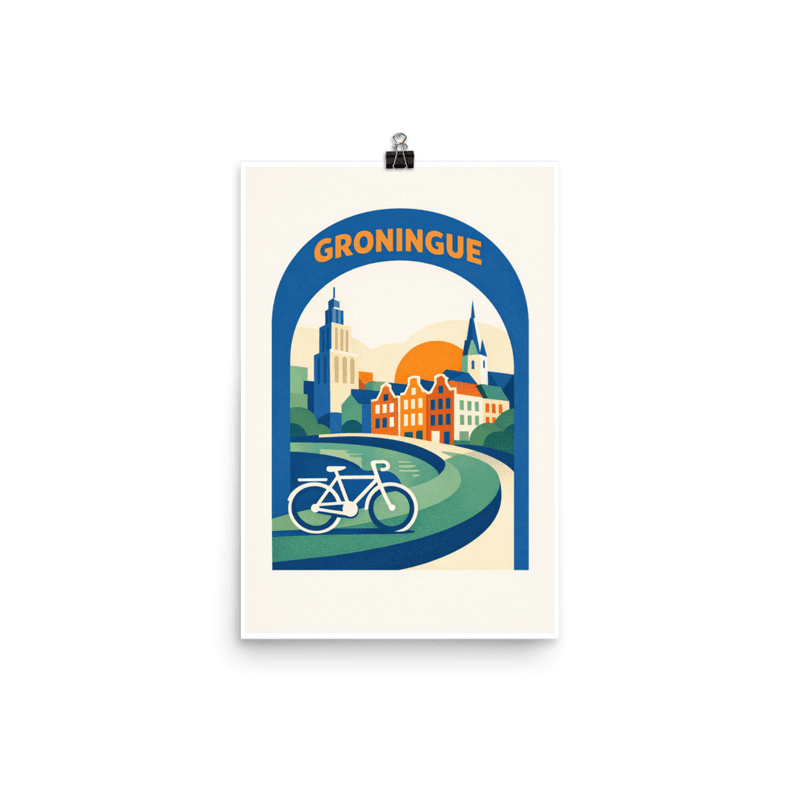 Affiche vintage Groningue – Poster de voyage rétro, arche bleue, tour, vélo, maisons, PAYS-BAS