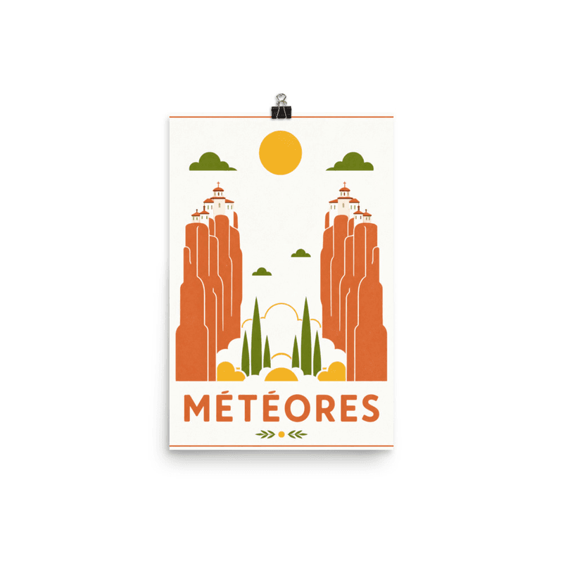 Affiche vintage Meteores – Poster de voyage retro, Monasteres Rochers Cypres Thessalie, GRECE