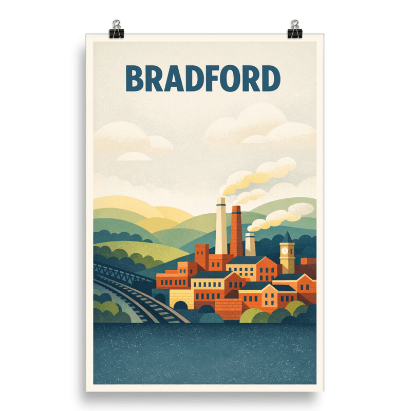Affiche vintage Bradford – Poster de voyage rétro, patrimoine industriel et collines du Yorkshire, Angleterre