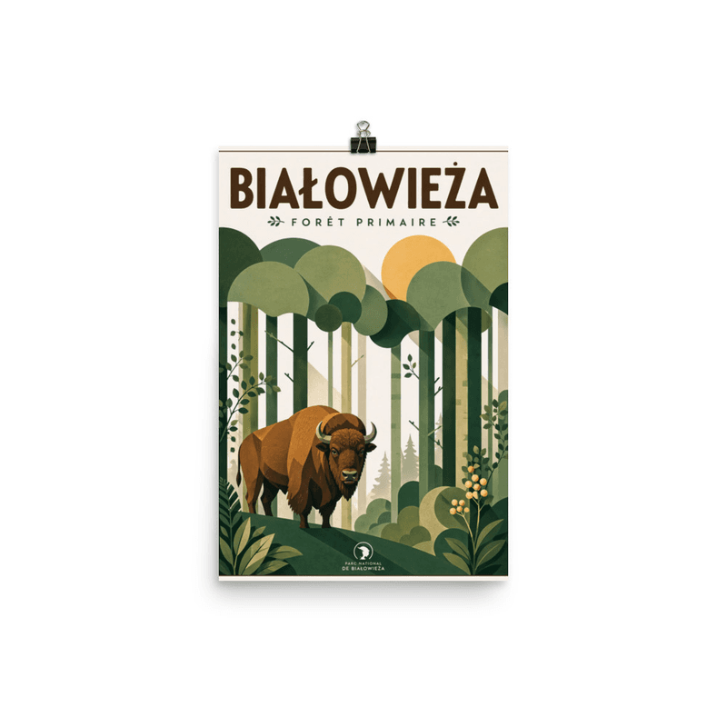 Affiche vintage Białowieża – Poster de voyage rétro, Forêt Primaire et Bison d’Europe, POLOGNE