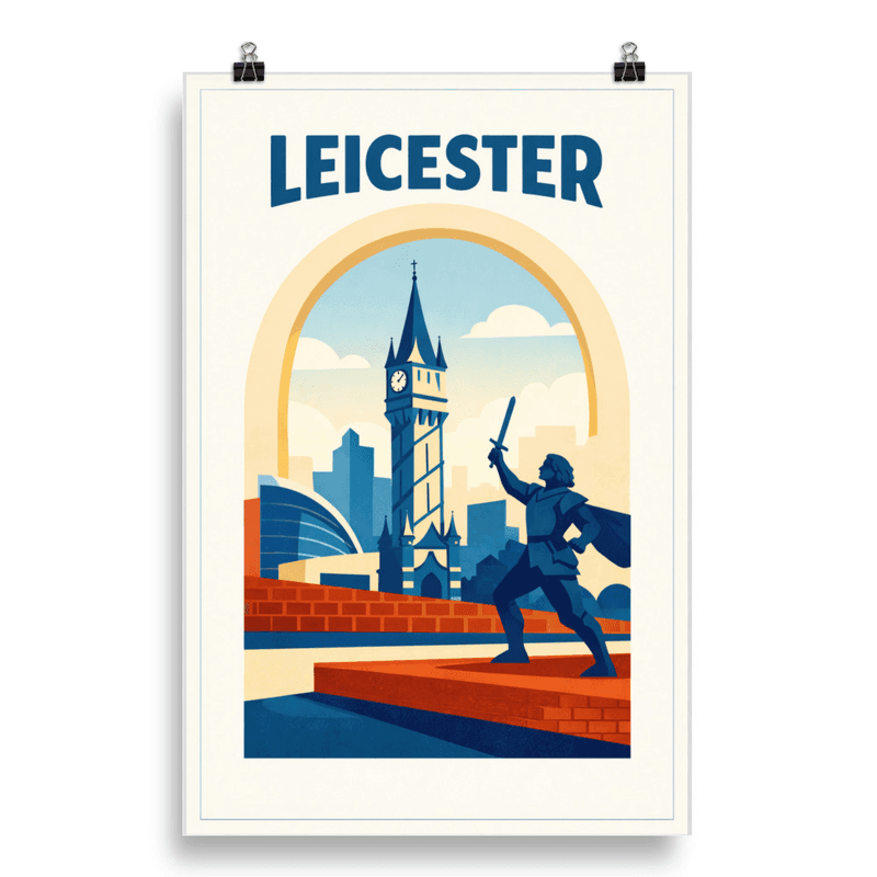 Affiche vintage Leicester – Poster de voyage rétro, statue de Richard III et tour de l'horloge, Angleterre