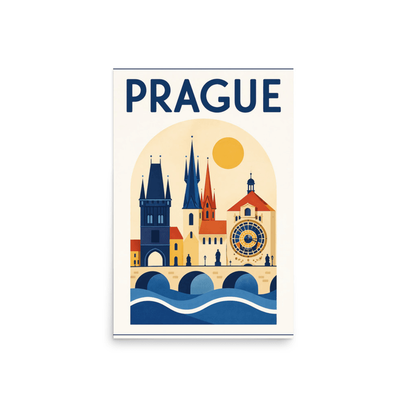 Affiche vintage Prague – Poster de voyage rétro, Horloge Astronomique et Pont Charles, TCHEQUIE