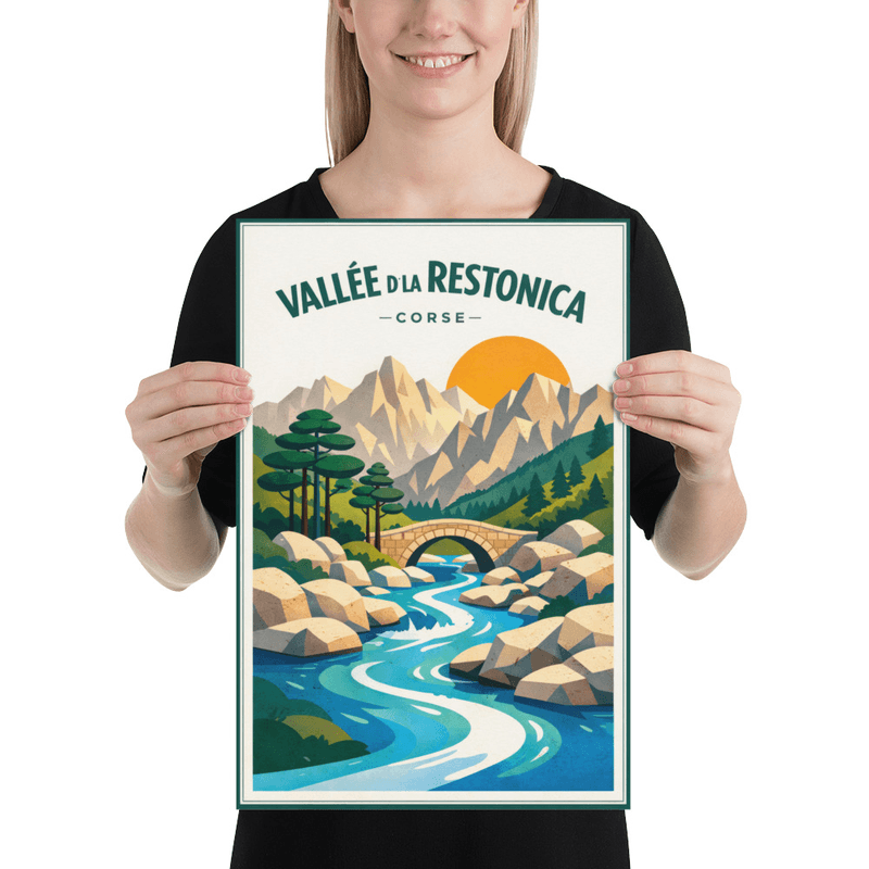 Affiche vintage Vallée de la Restonica – Poster de voyage rétro, Gorges, Corse, France