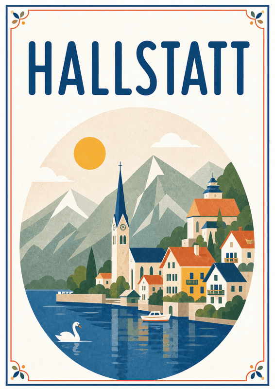 Affiche vintage Hallstatt – Poster de voyage rétro, Hallstatt, Autriche, EUROPE