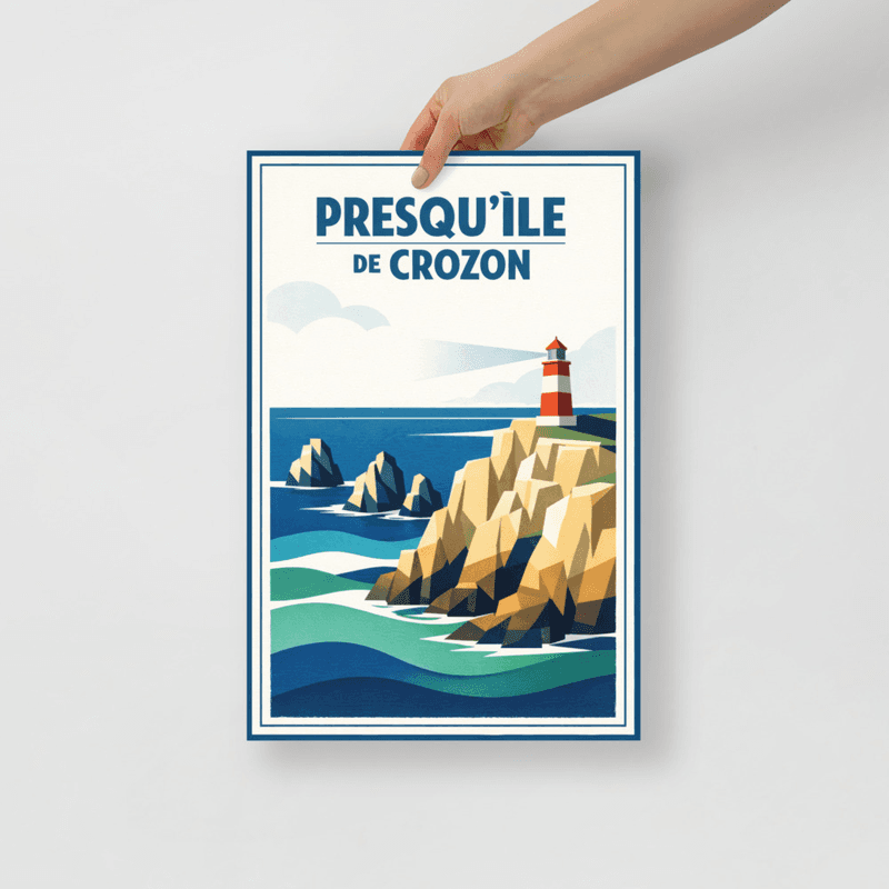 Affiche vintage Presqu'île de Crozon – Poster de voyage rétro, phare, falaises, mer, Bretagne, France