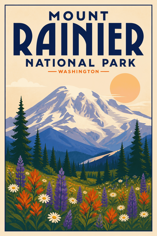 Affiche vintage Mount Rainier National Park – Poster de voyage rétro, Mount Rainier National Park, États-Unis, AMÉRIQUE DU NORD