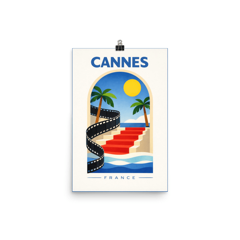 Affiche vintage Cannes – Poster de voyage rétro, Festival de Cinéma, Croisette, Côte d’Azur, France