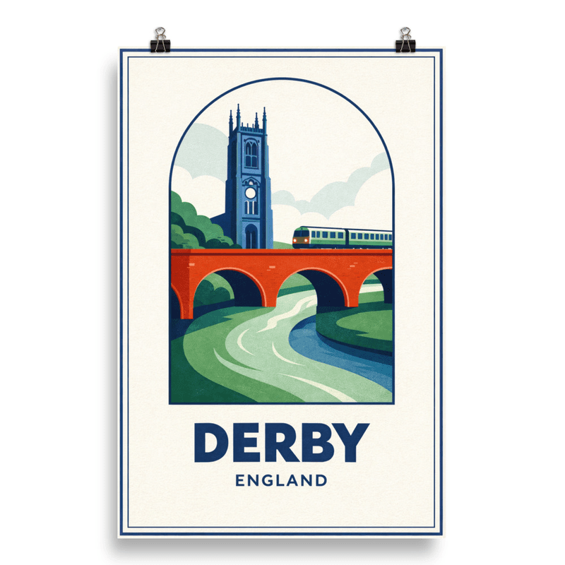 Affiche vintage Derby – Poster de voyage rétro, cathédrale et viaduc ferroviaire, Angleterre