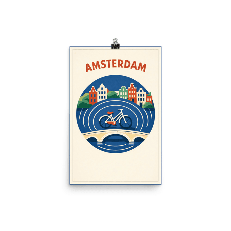 Affiche vintage Amsterdam – Poster de voyage rétro, canaux, maisons, vélo, pont, PAYS-BAS