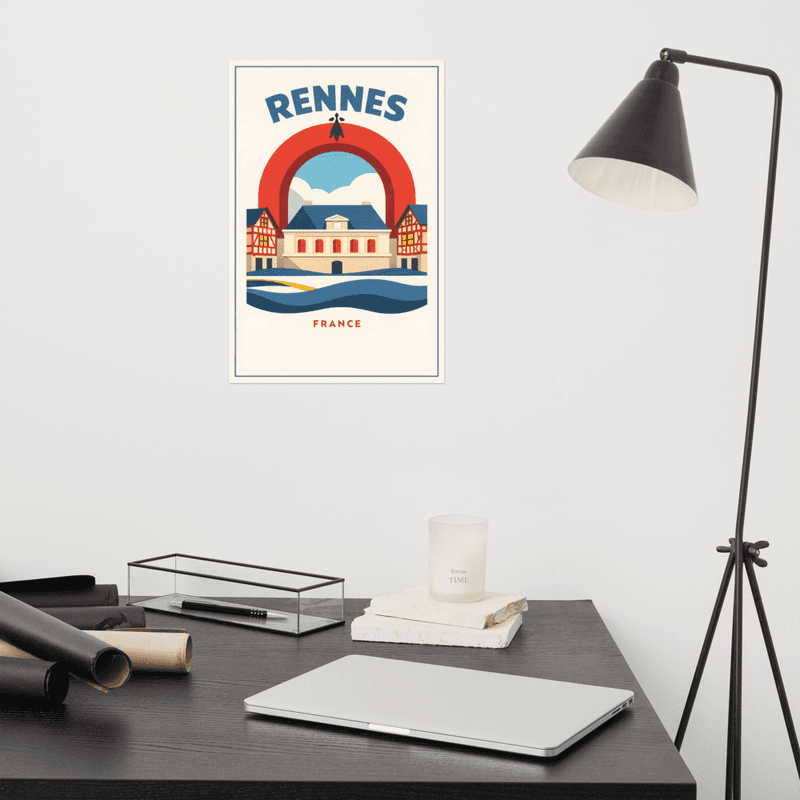 Affiche vintage Rennes – Poster de voyage rétro, parlement, maisons à colombages, Bretagne, France