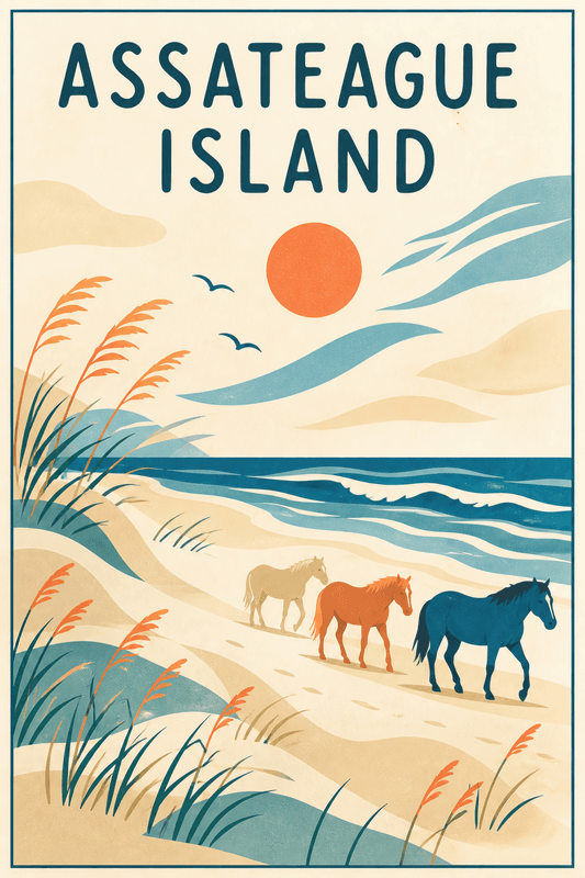 Affiche vintage Assateague Island – Poster de voyage rétro, Assateague Island, États-Unis, AMÉRIQUE DU NORD