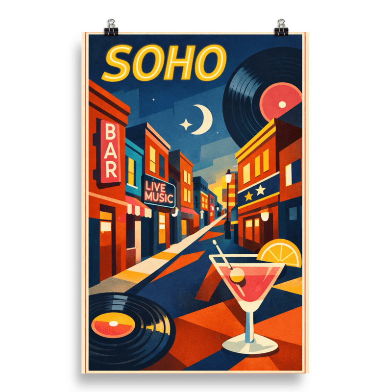 Affiche vintage Soho – Poster de voyage rétro, bars et quartier nocturne de Londres, Angleterre